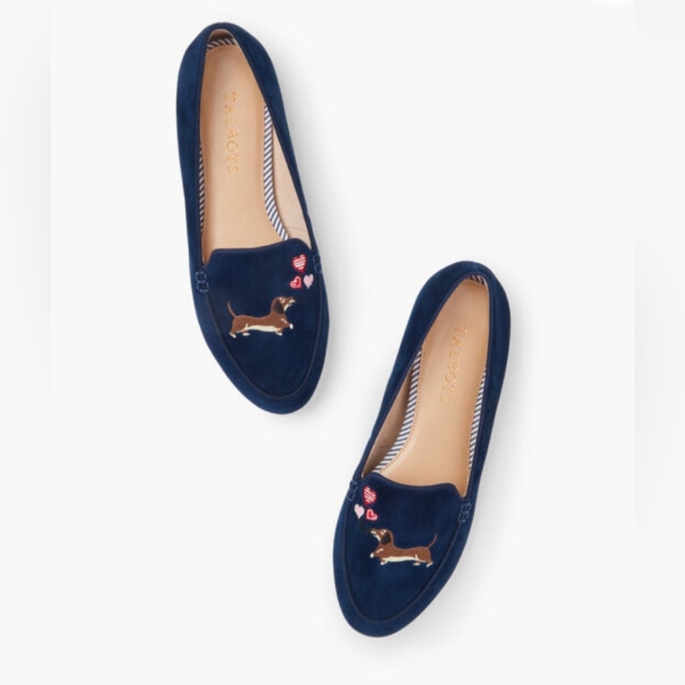 Talbots Ryan blue suede embroidered dog loafer shoes size 8